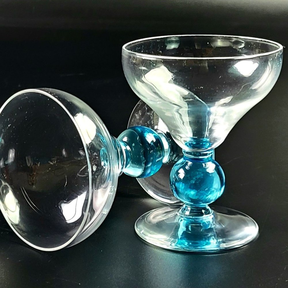 Vintage Cordial Glasses - Clear Bowl & Base - Aqua Blue Round Stem - Pair